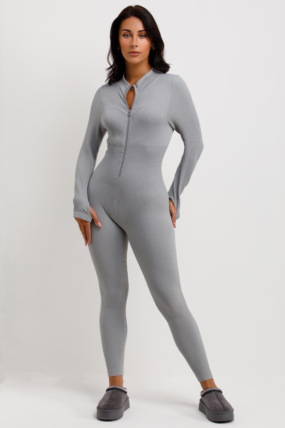 womens long sleeve ribbed unitard jumpsuit