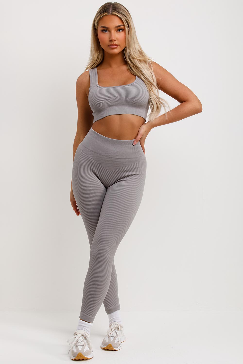 womens ribbed high waist leggings and crop top co ord set gymwear