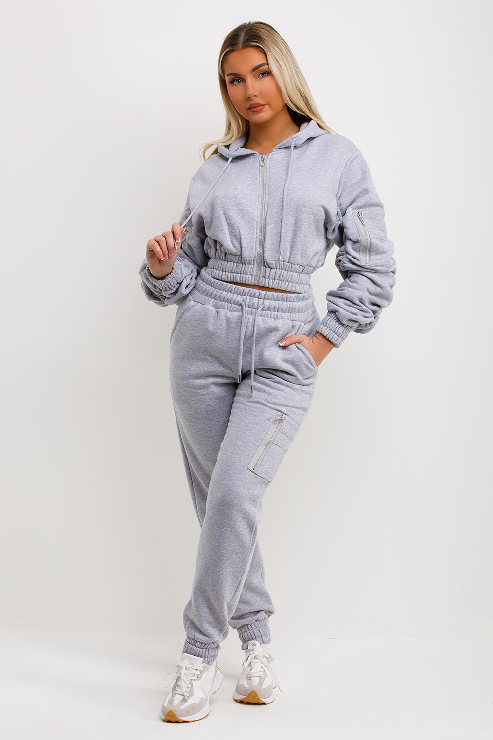 crop hoodie with ruched sleeves and high waisted joggers two piece set tracksuit