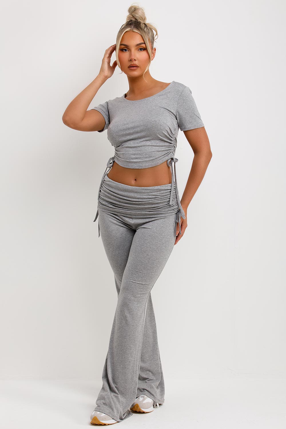 flare trouser with fold over ruched detail and crop top co ord set grey