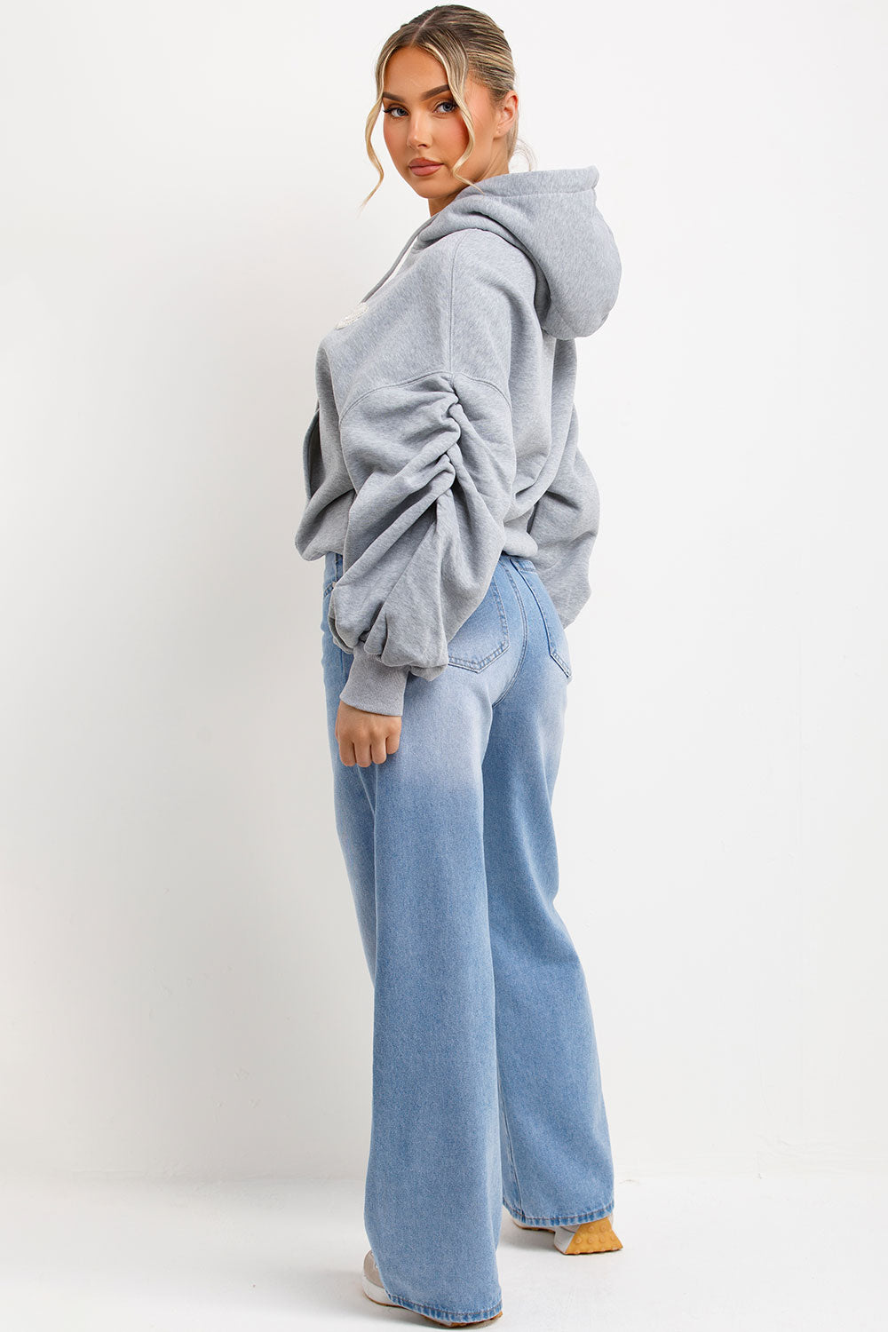 ruched gathered sleeve hoodie with vintage slogan