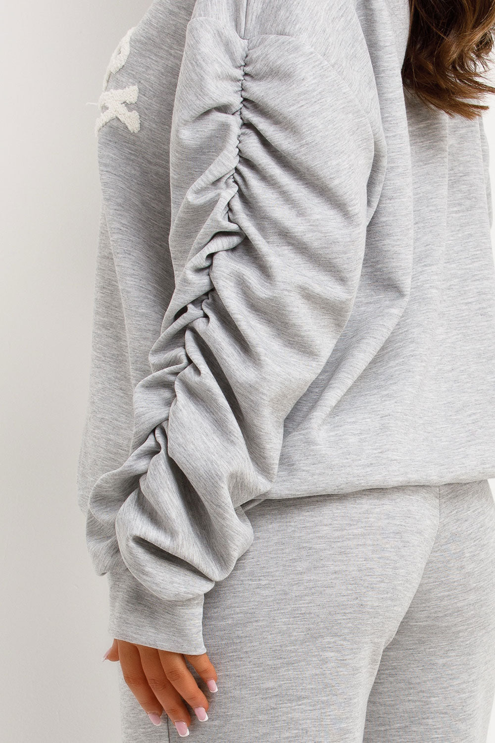 womens ruched gathered sleeve sweatshirt with new york towelling and straight leg trousers two piece loungewear set styledup