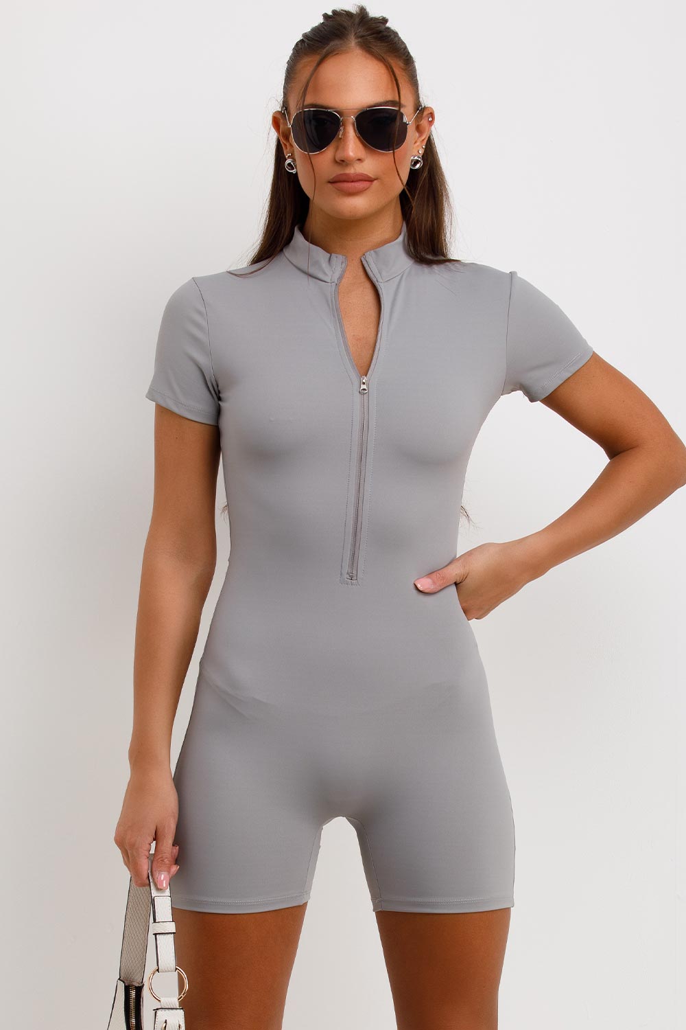 zip front short sleeve unitard playsuit