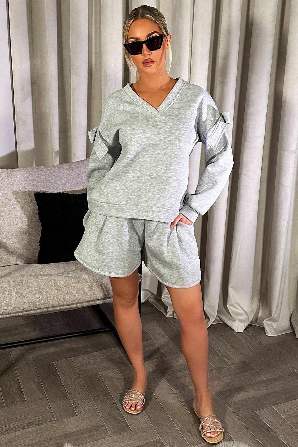 womens sweatshirt and shorts loungewear set with cut out shoulder