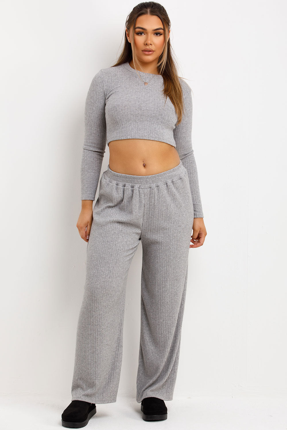 womens wide leg jogger trousers and long sleeve crew neck top loungewear set