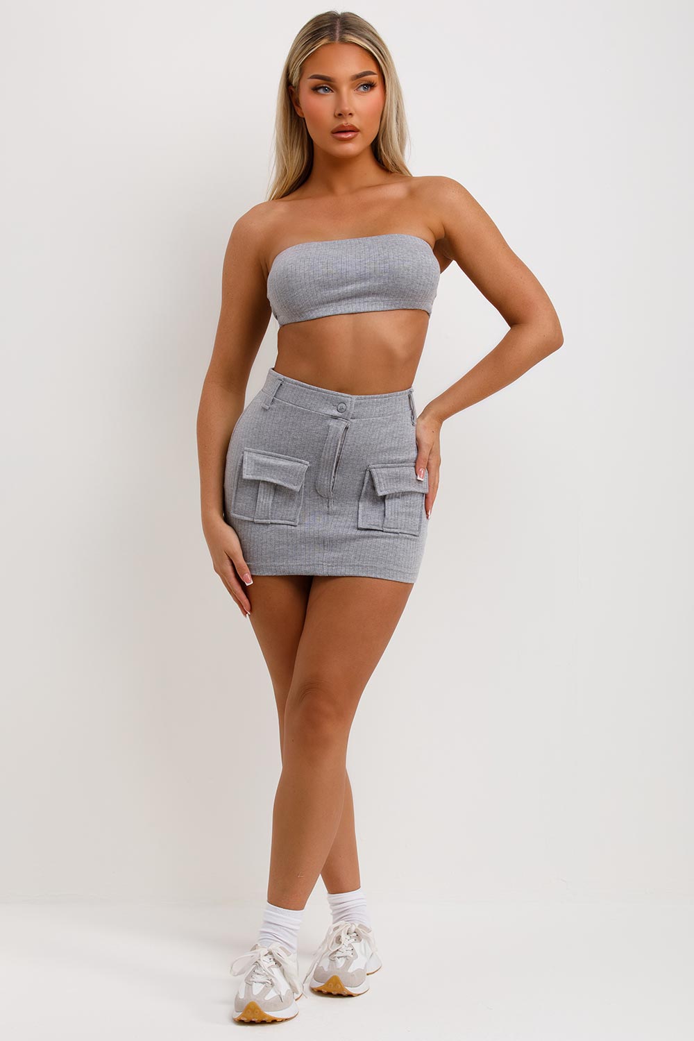 cargo mini skirt bandeau top and crop hoodie three piece set summer festival holiday outfit