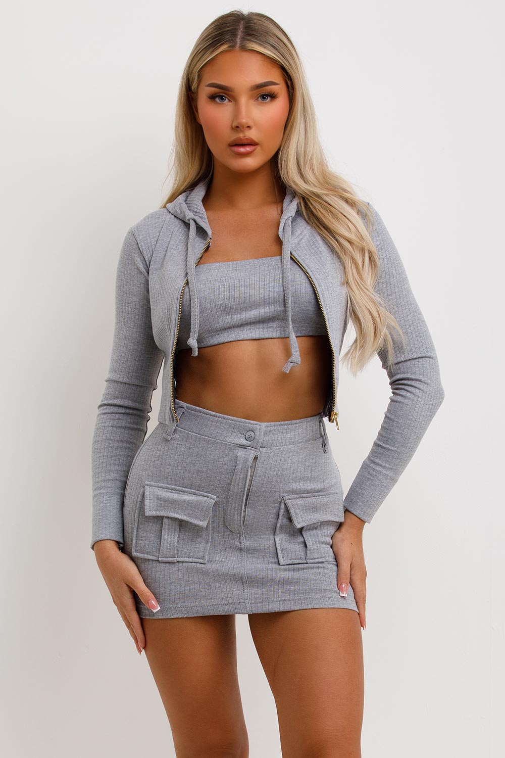 cargo skirt crop hoodie and bandeau top three piece matching set festival summer holiday outfit