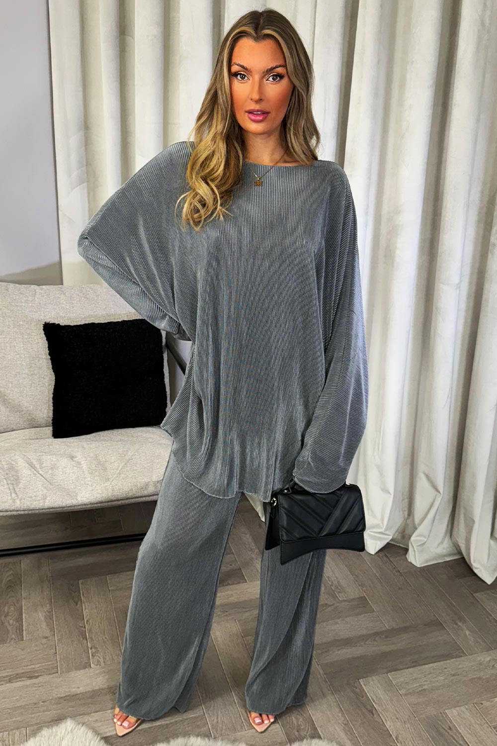 plisse blouse and trousers co ord set grey