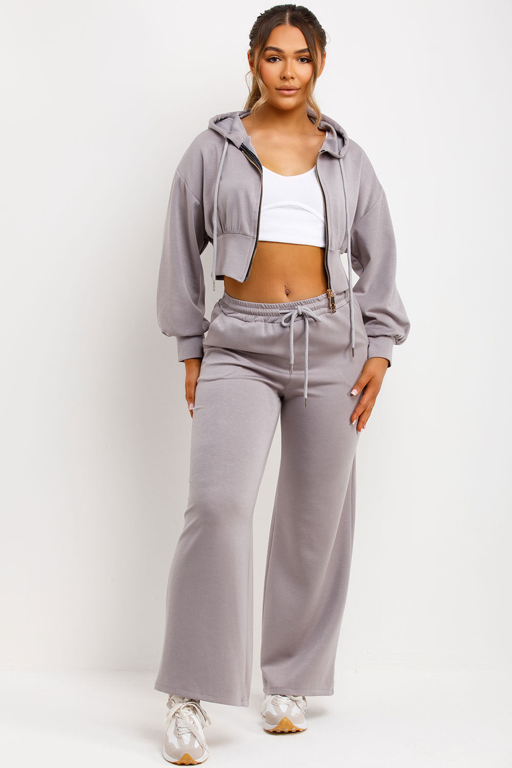 wide leg trousers and crop zip up hoodie loungewear set womens airport outfit