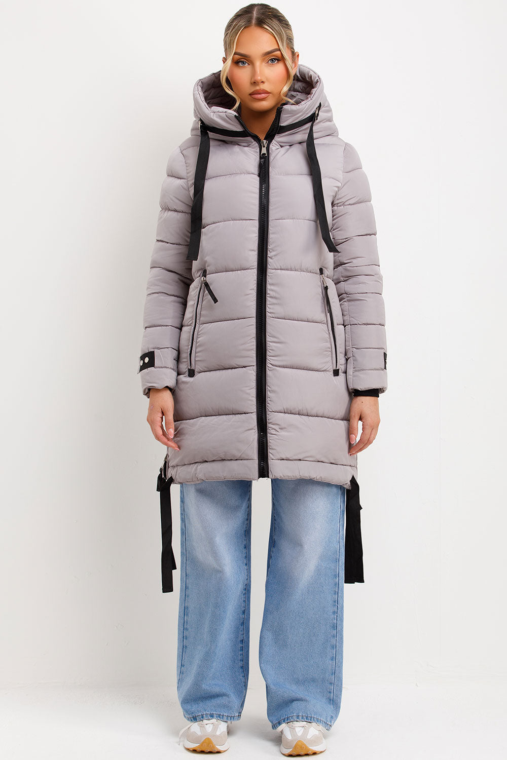 womens long padded puffer coat with hood for winter