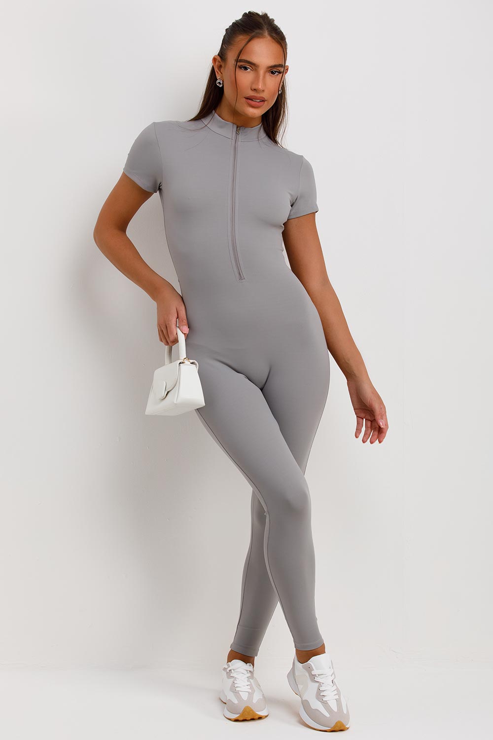 grey zip front short sleeve jumpsuit grey