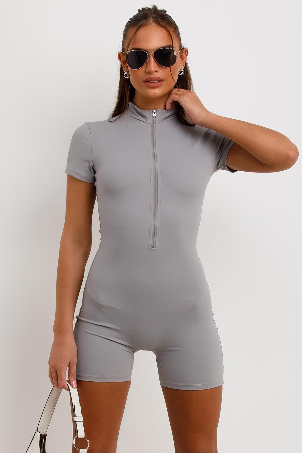 zip front playsuit with short sleeves