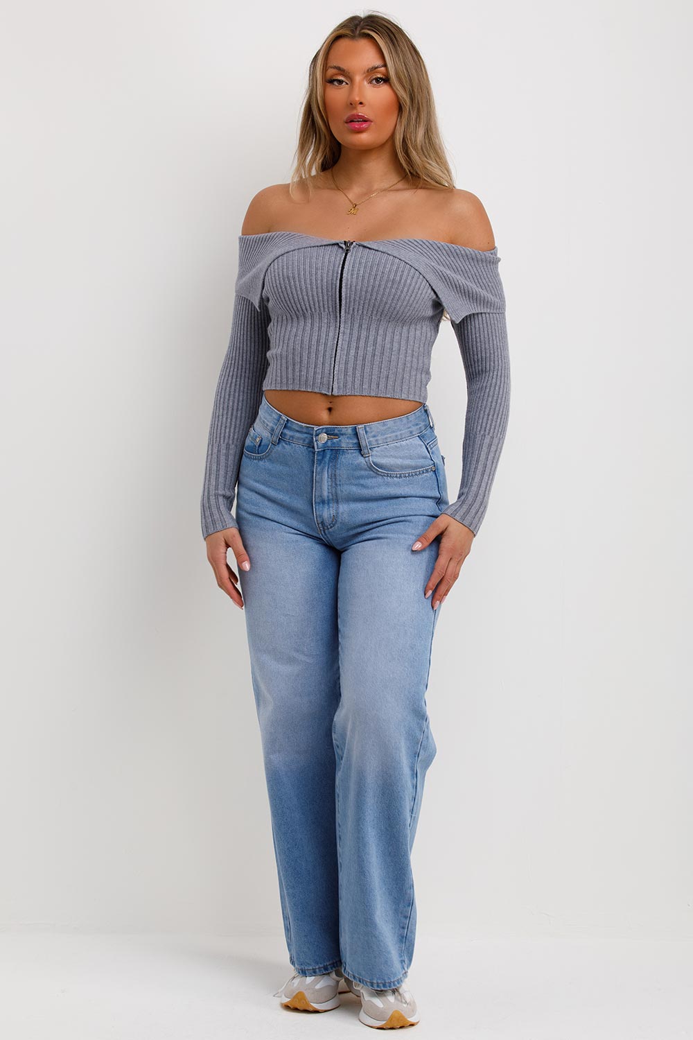 long sleeve off shoulder jumper grey