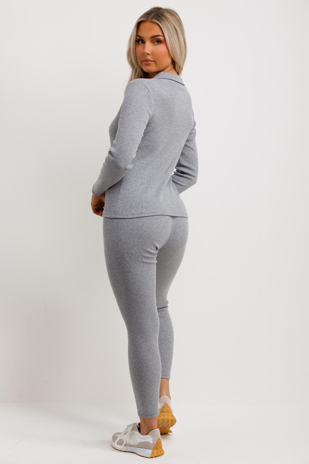 rib loungewear set with zip front
