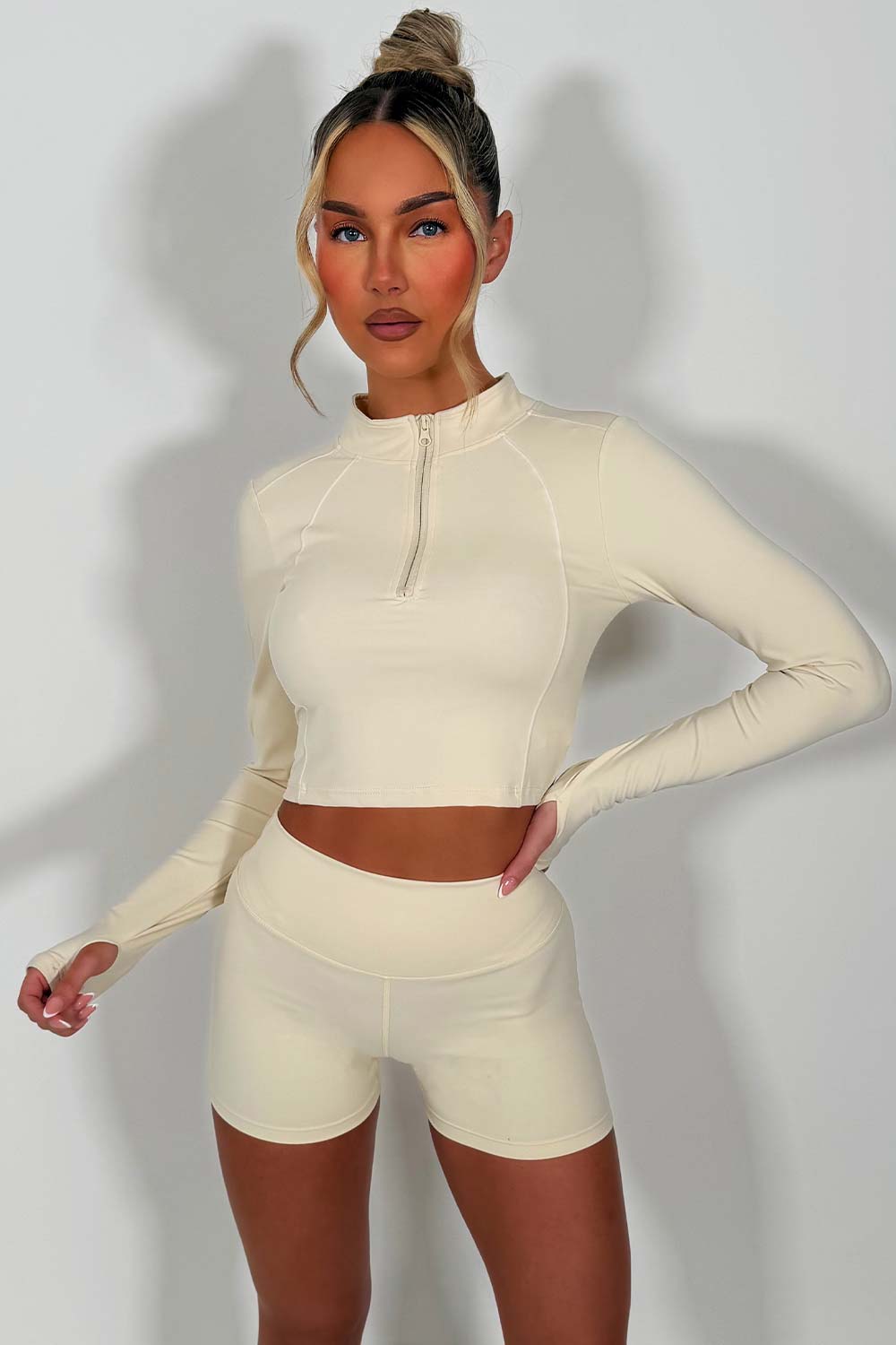scrunch bum gym shorts and half zip sports athletic top co ord two piece set alo yoga styledup womens uk