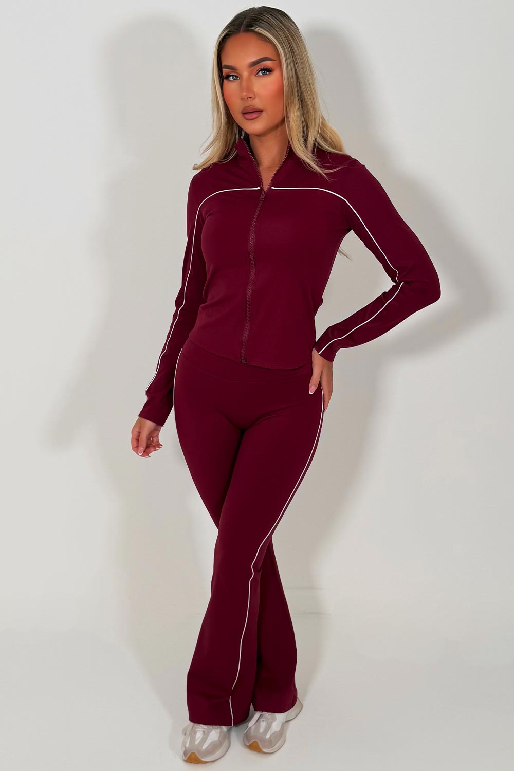 womens activewear zip up sports jacket and scrunch bum flare pants two piece set burgundy