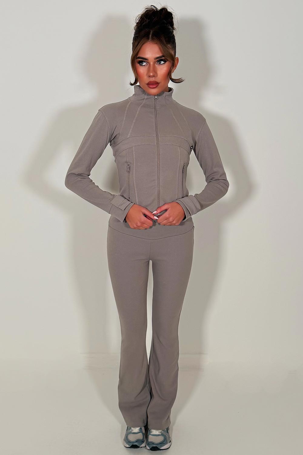 womens alo sports zip up jacket and flare trousers two piece tracksuit set styledup