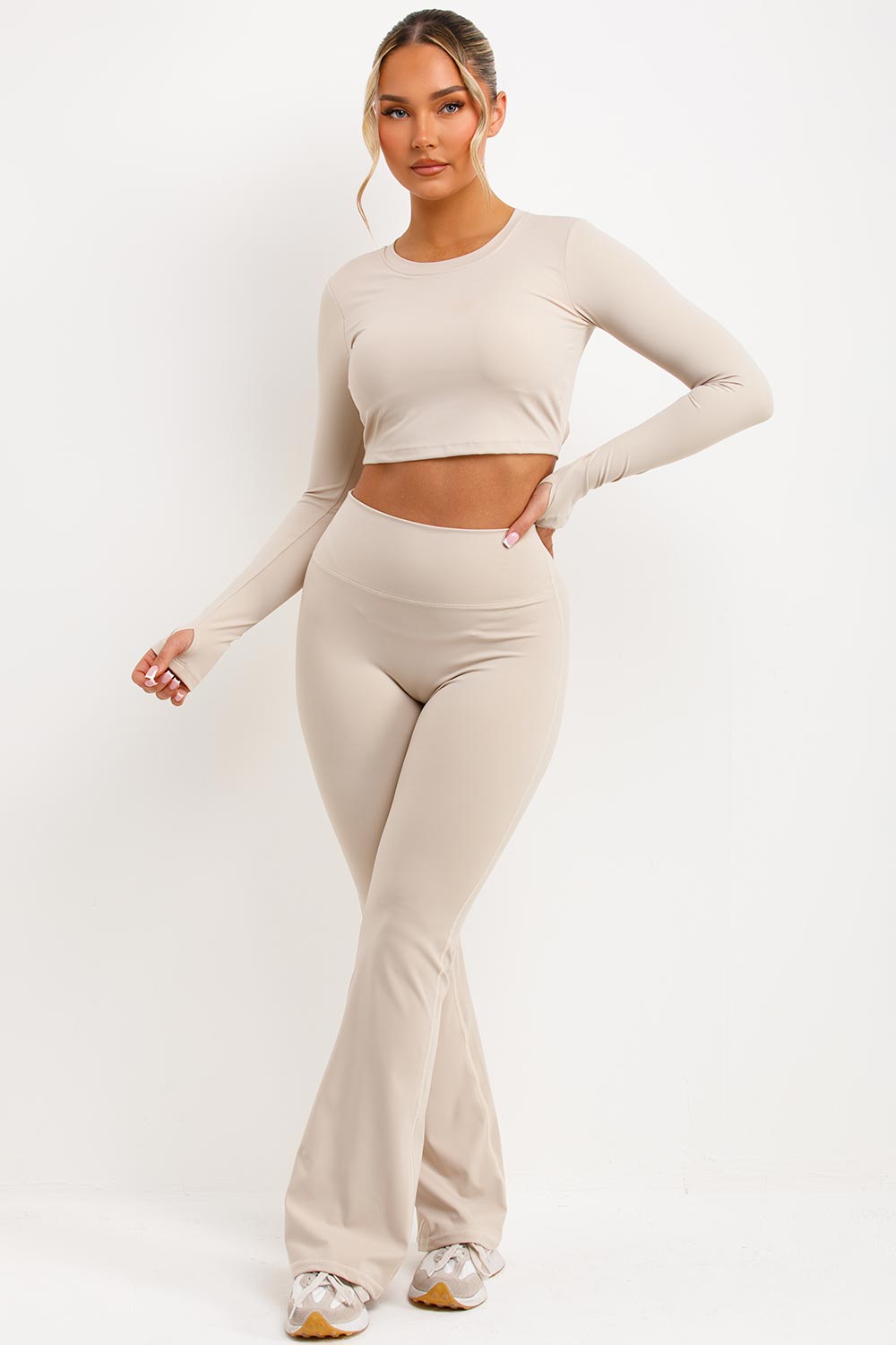 skims sports crop top and flare trousers with ruched scrunch bum two piece set