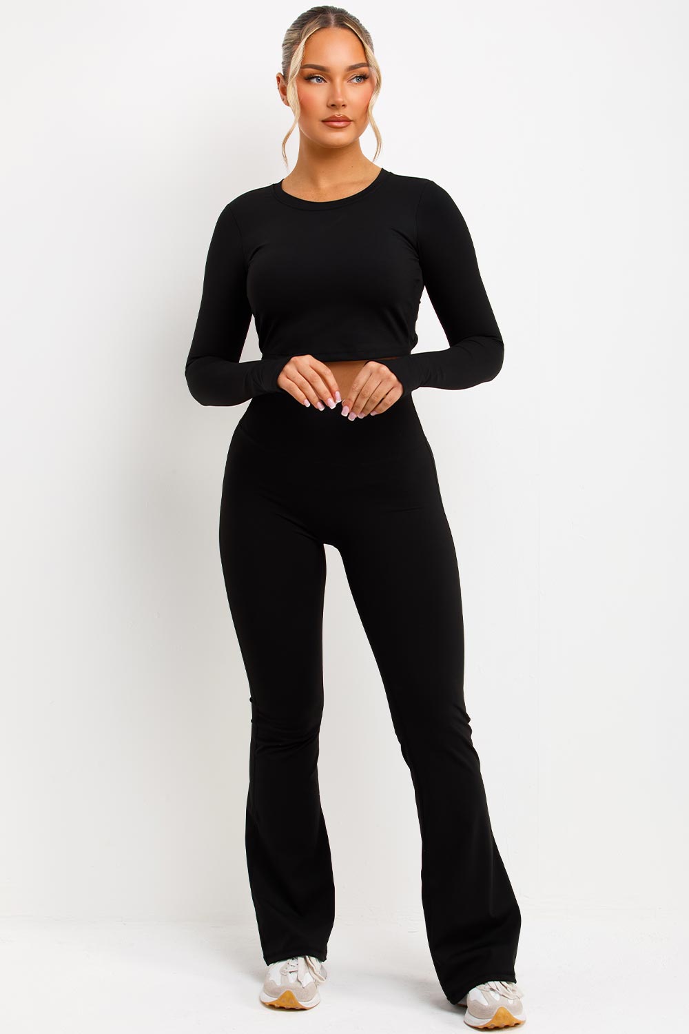 ruched scrunch bum skinny flare trousers and backless crop top two piece set