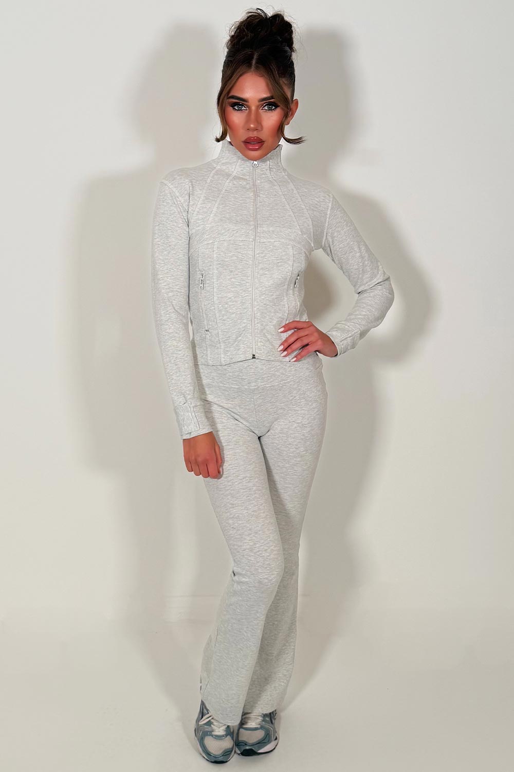 womens sports zip up jacket and flare trousers two piece co ord set alo uk