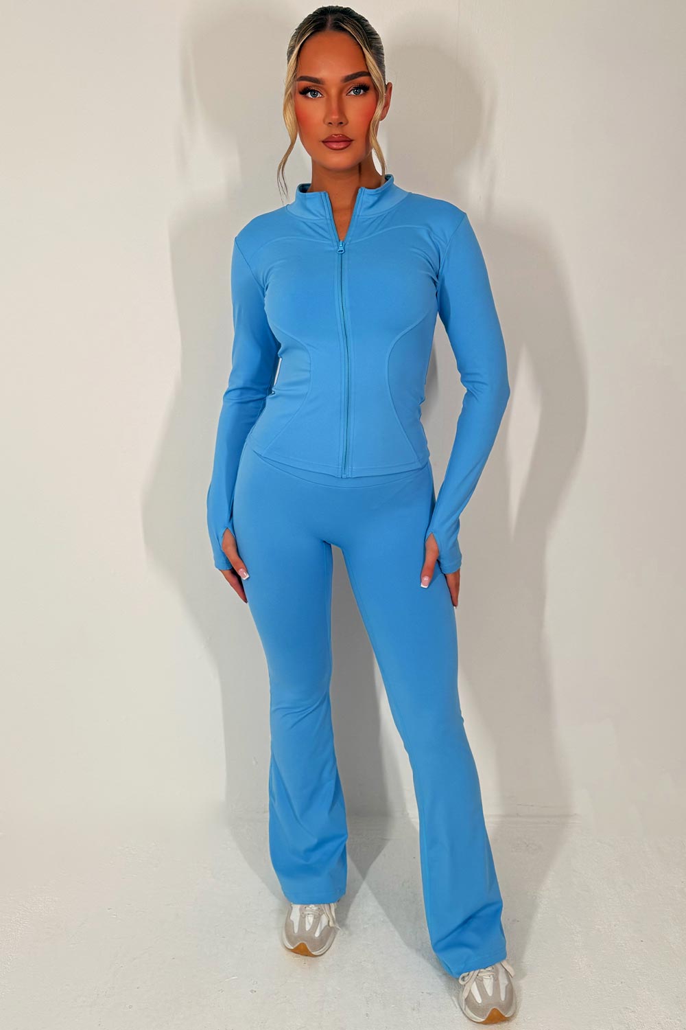 womens skims zip up sculpt sports jacket and flare trousers with ruched scrunch bum two piece set