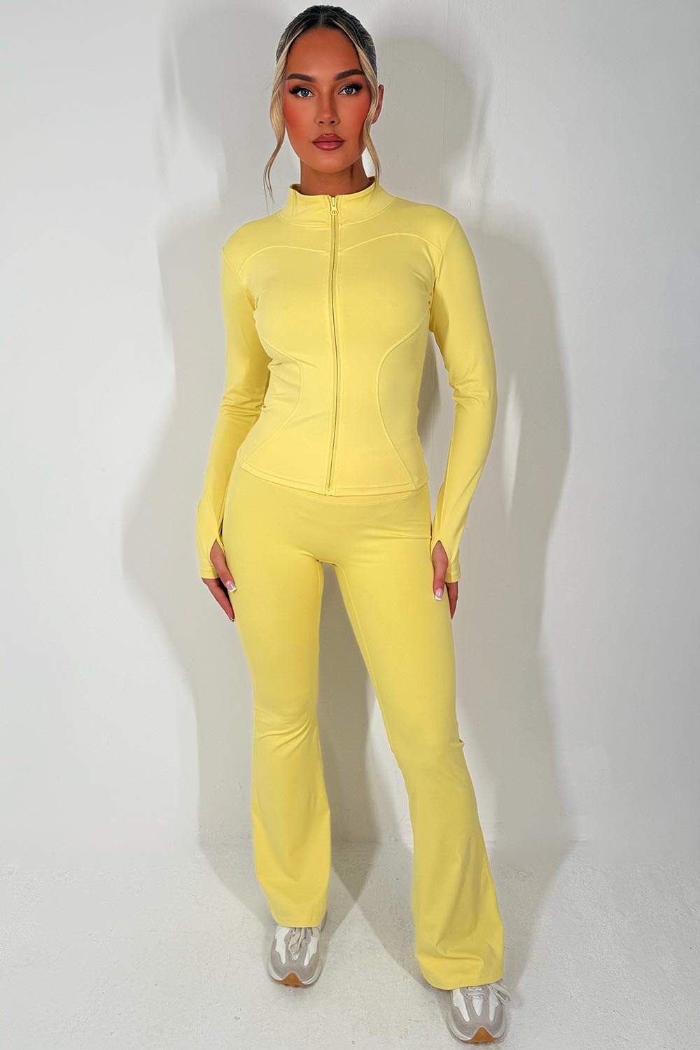 zip up sports jacket and scrunch bum flare trousers two piece set skims uk