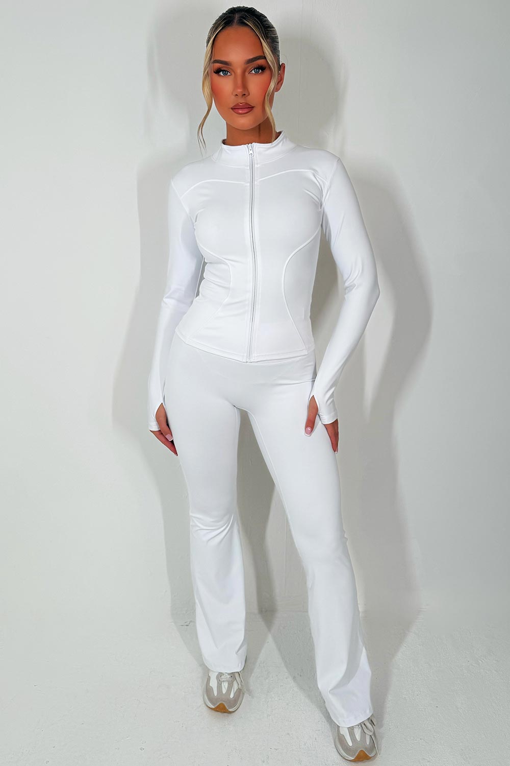 zip up sports jacket and scrunch bum flare trousers two piece set skims uk