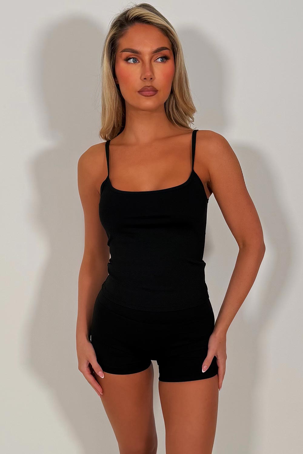 alo yoga scrunch bum shorts and tank top two piece matching co ord set activewear for yoga pilates styledup uk sale