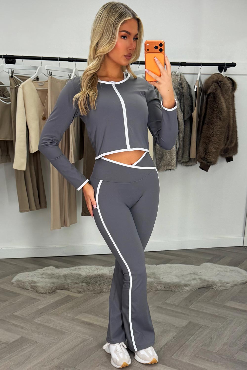 zip up sports jacket crop top and scrunch bum flare pants three piece set grey