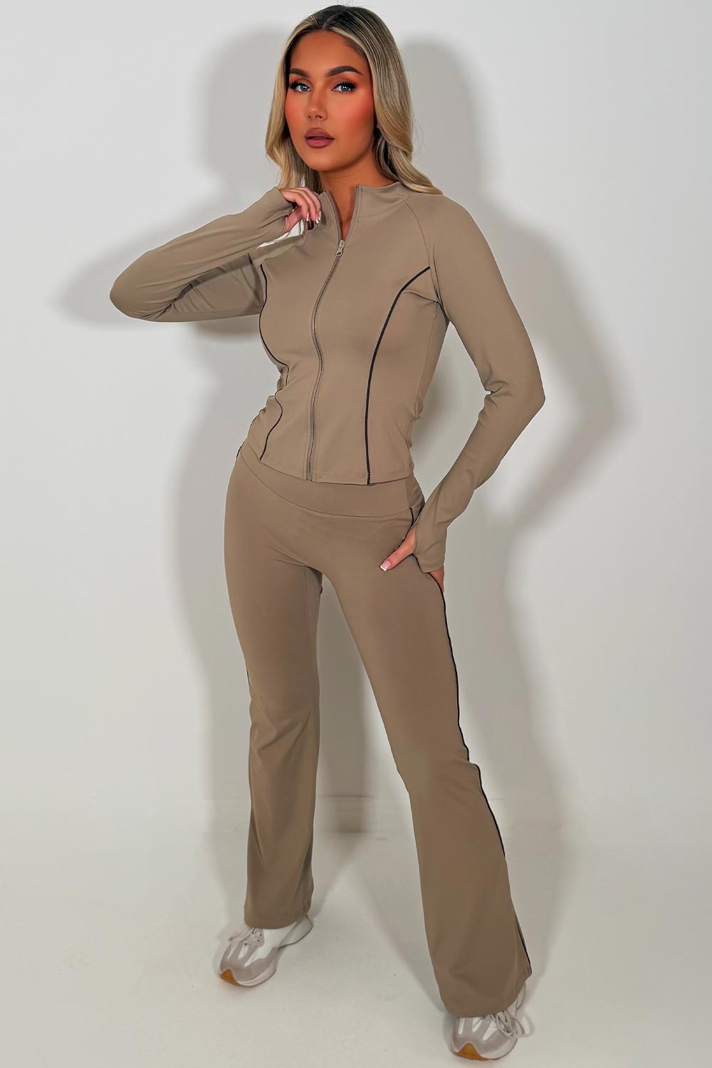 zip up sports jacket and scrunch bum skinny flare pants two piece set beige