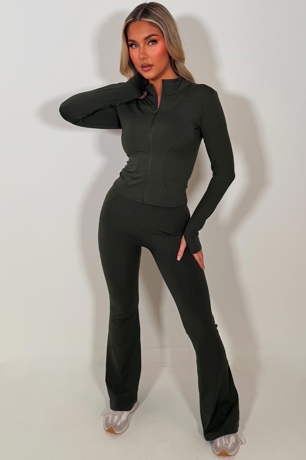 zip up sports jacket and scrunch bum skinny flare trousers two piece set khaki
