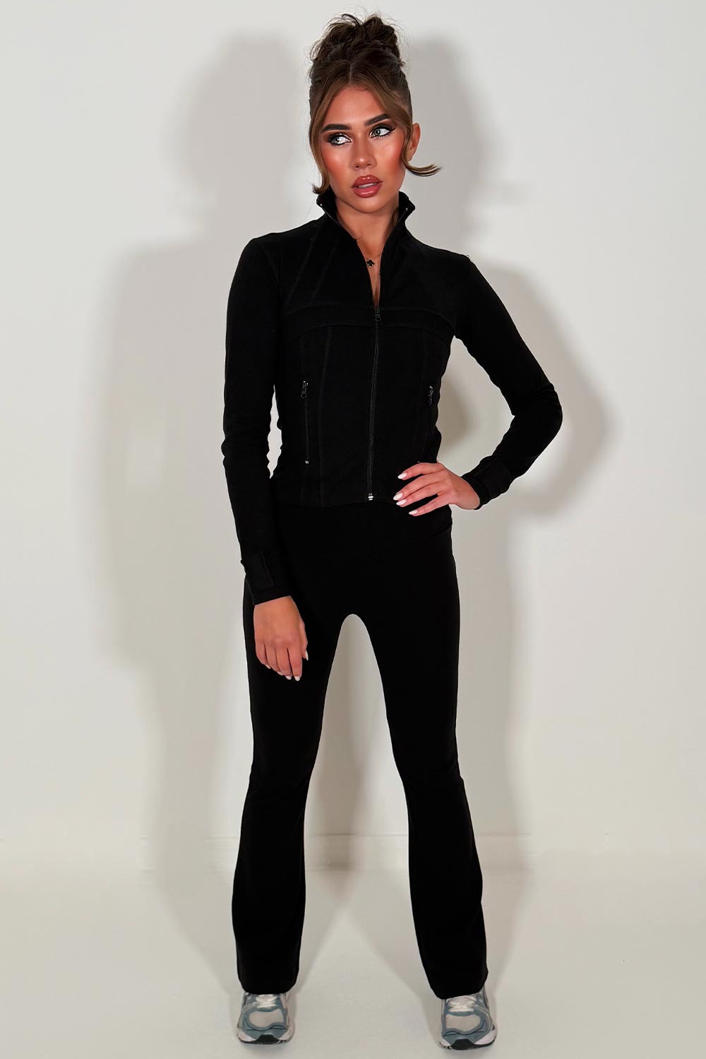 womens alo sports zip up jacket and flare trousers two piece tracksuit set styledup