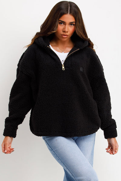 Women's Teddy Fleece Hooded Sweatshirt With Half Zip Black