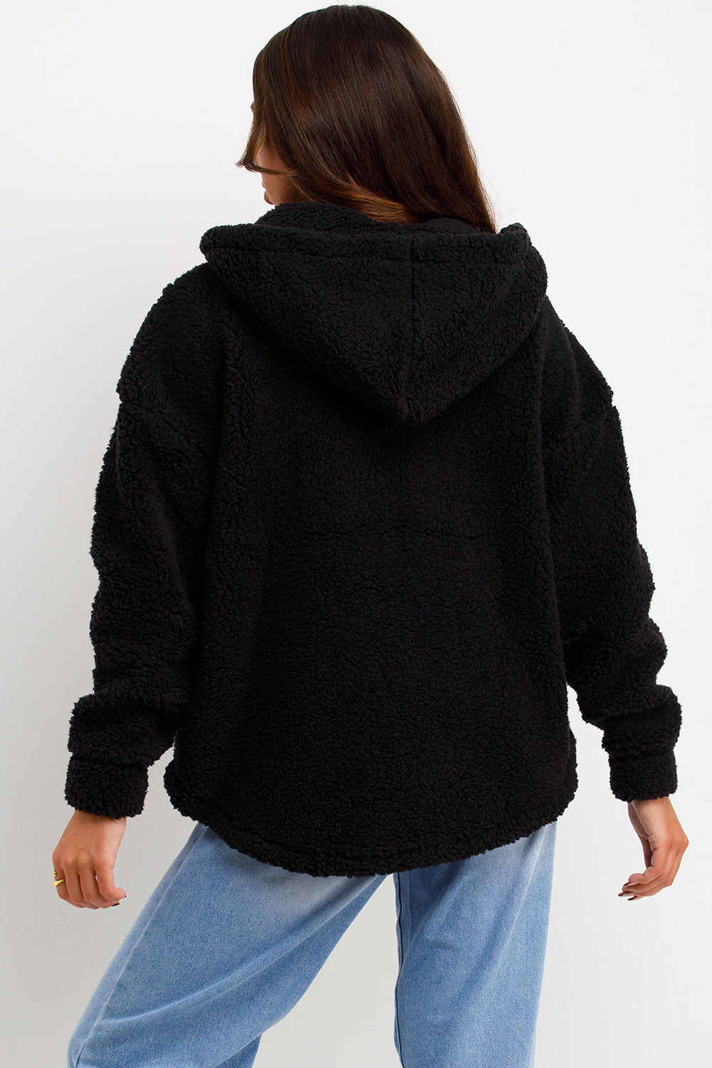 black teddy bear half zip sweatshirt styled up