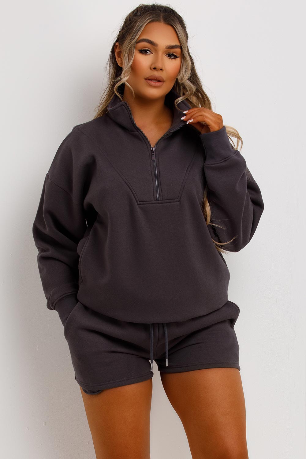 womens shorts and half zip sweatshirt tracksuit set