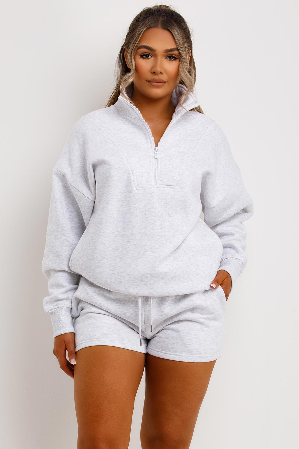 womens shorts and half zip sweatshirt tracksuit set