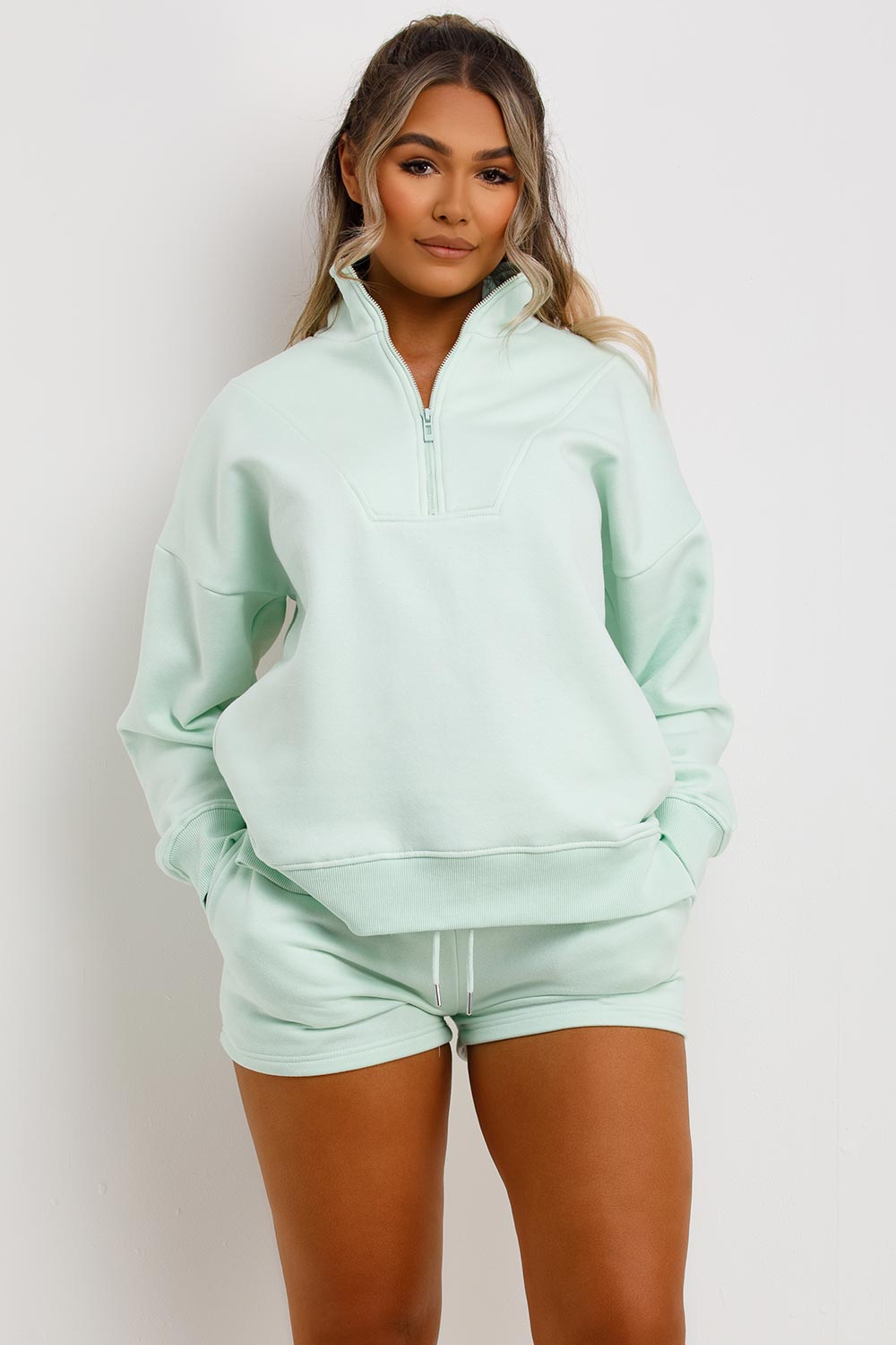 womens shorts and half zip sweatshirt tracksuit set