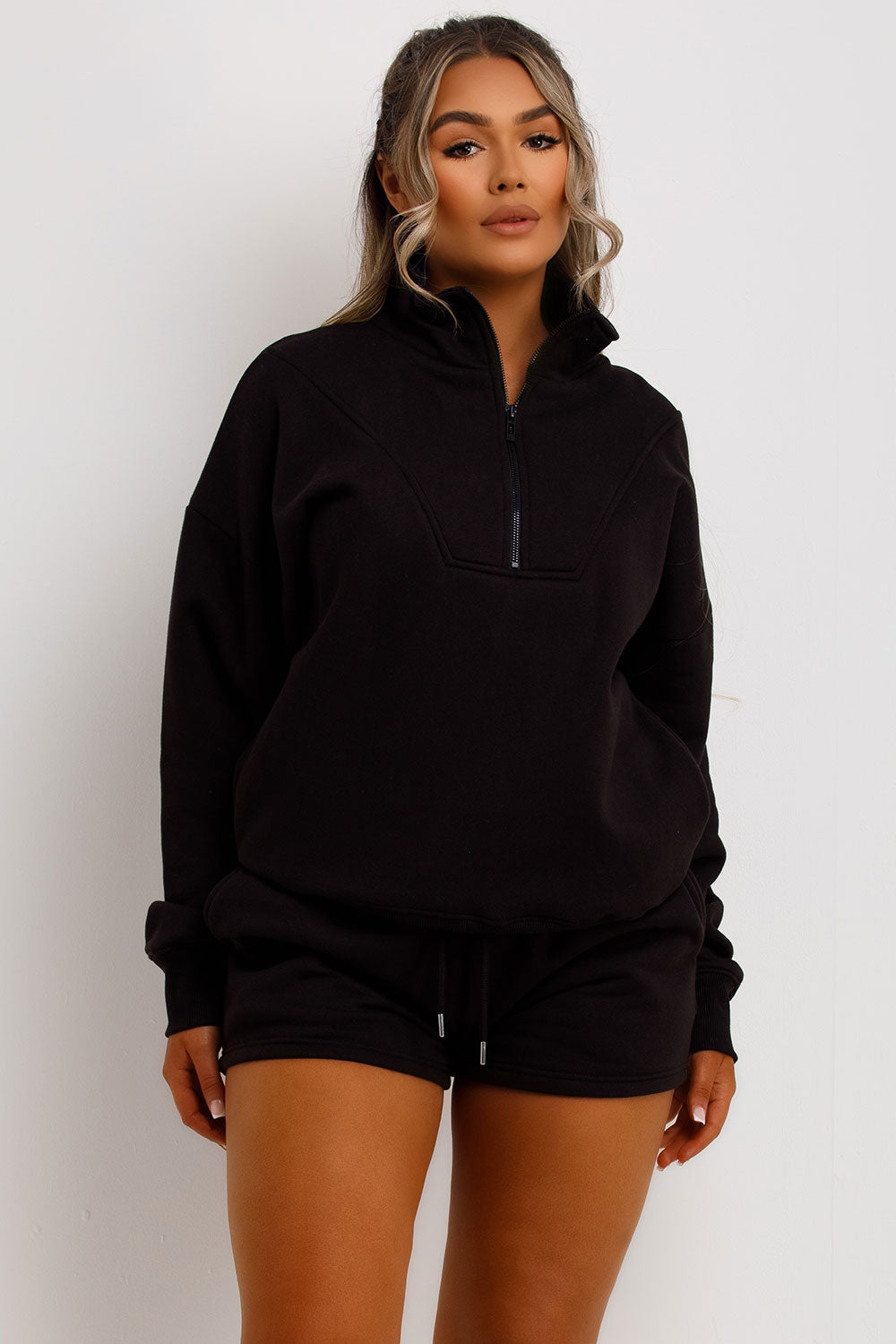 half zip sweatshirt and shorts two piece tracksuit airport outfit womens uk