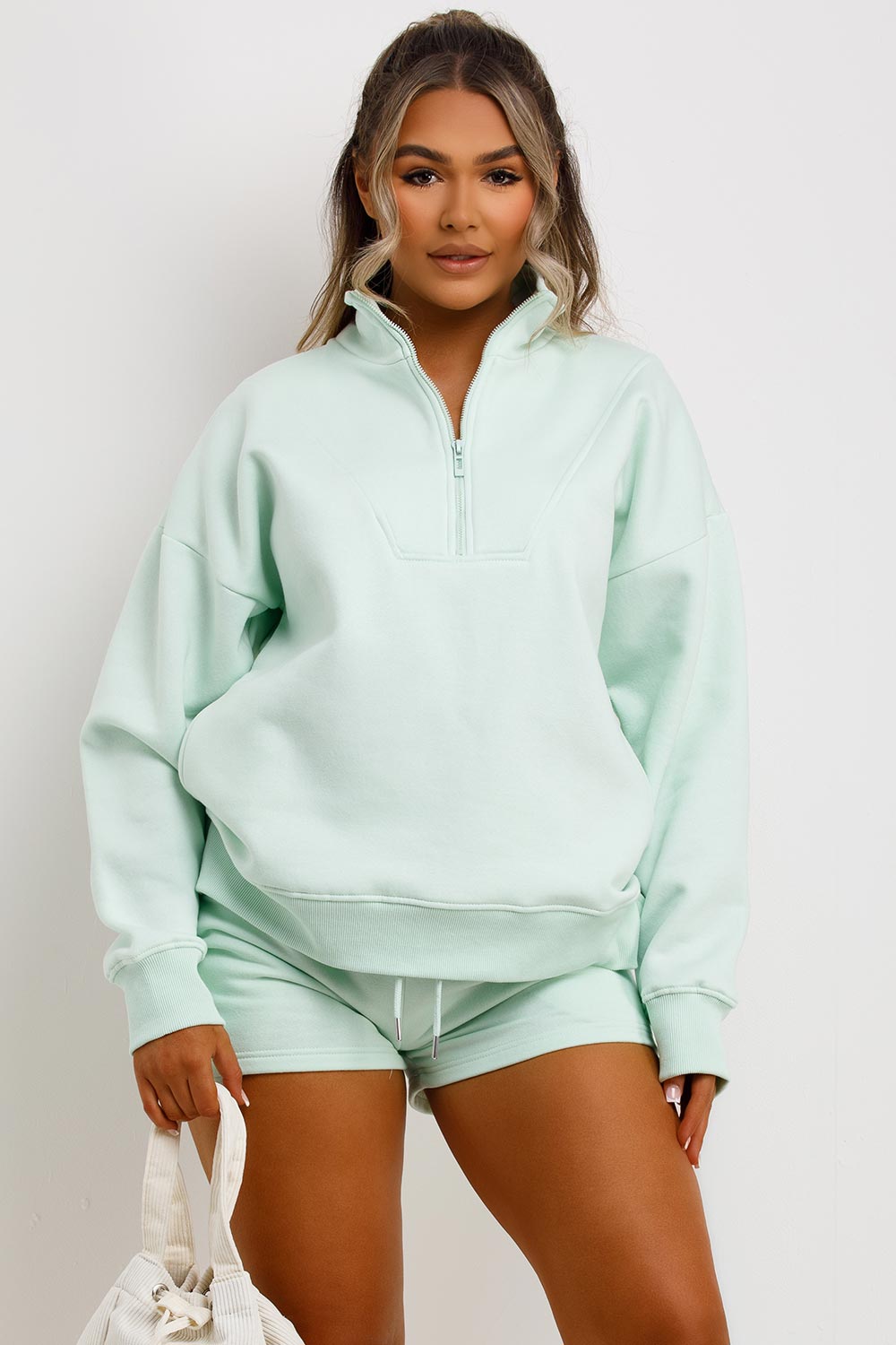 half zip sweatshirt and shorts two piece tracksuit airport outfit womens uk