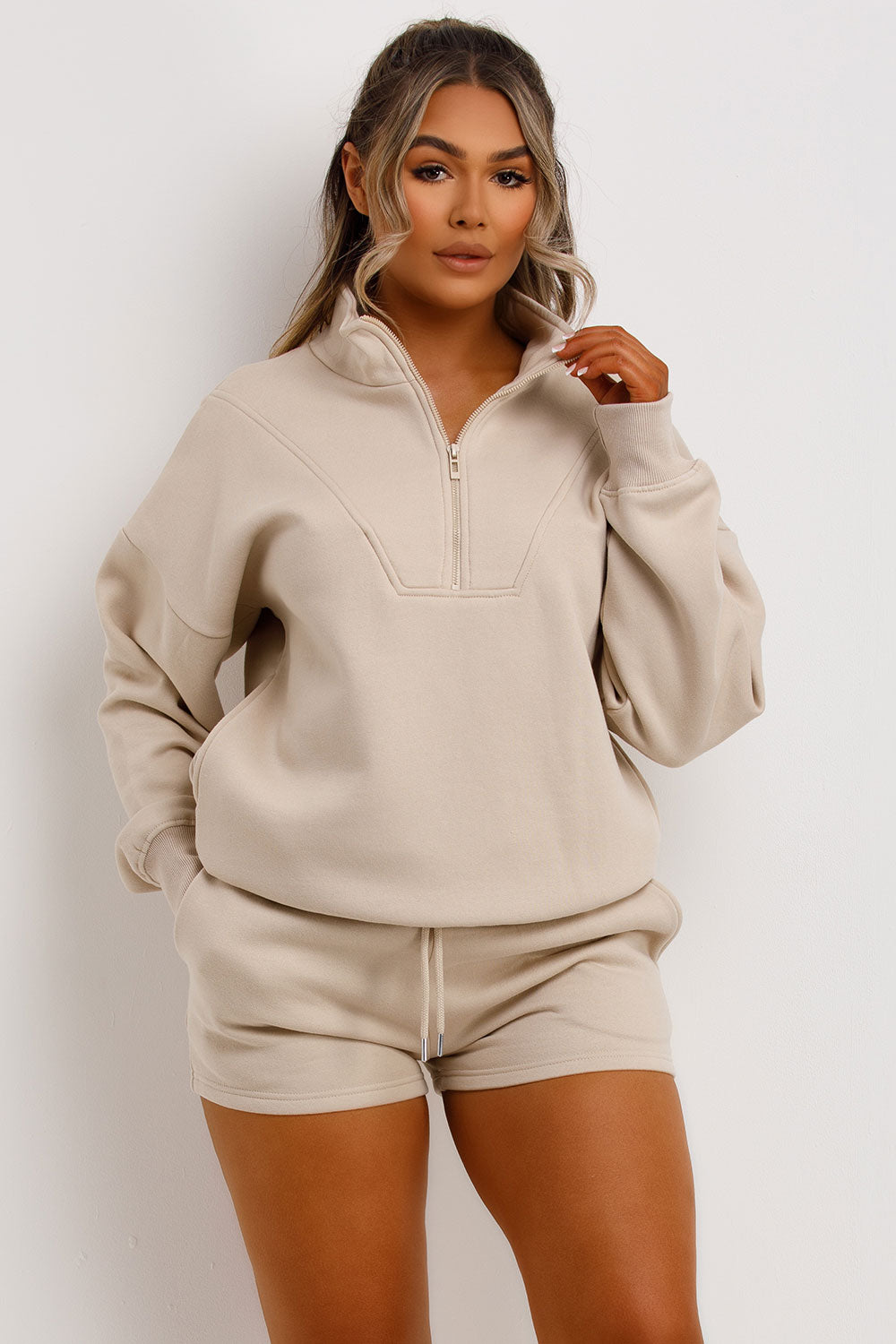 womens shorts and half zip sweatshirt tracksuit set