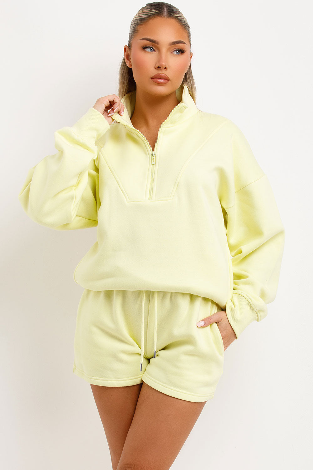 womens shorts tracksuit half zip sweatshirt and runner shorts set
