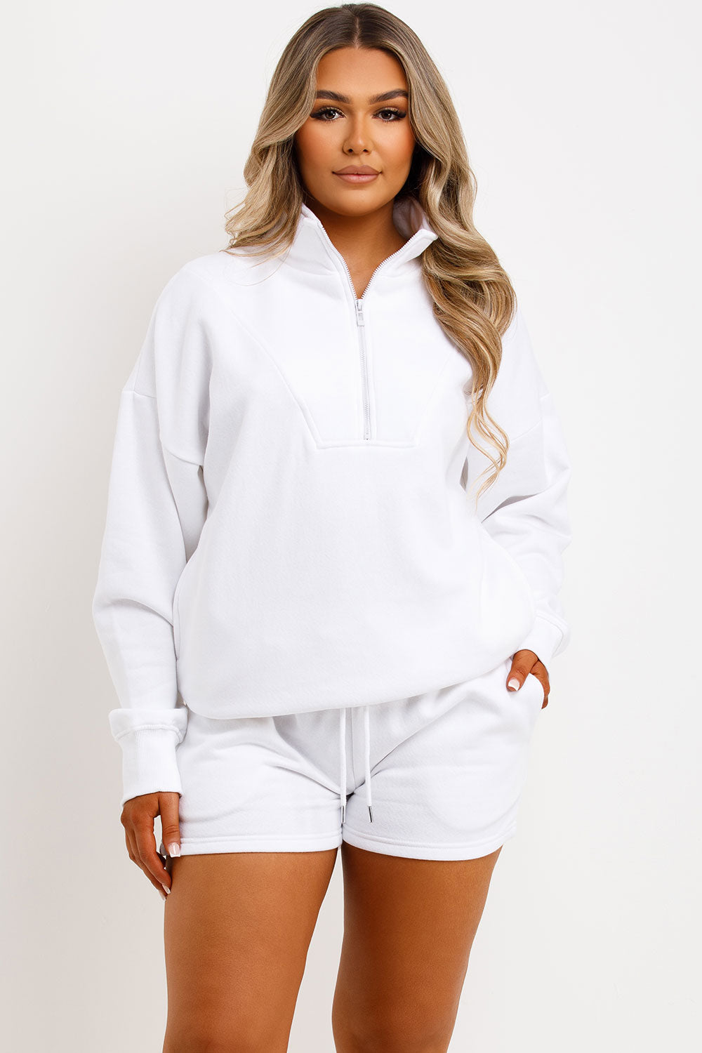 womens shorts tracksuit half zip sweatshirt and runner shorts set