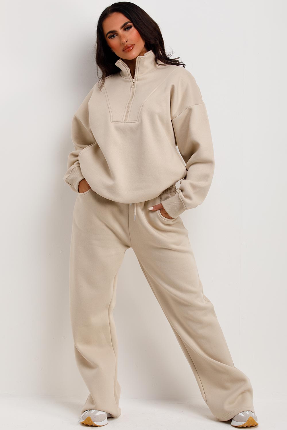 zara womens wide leg joggers and half zip jumper tracksuit lounge set uk