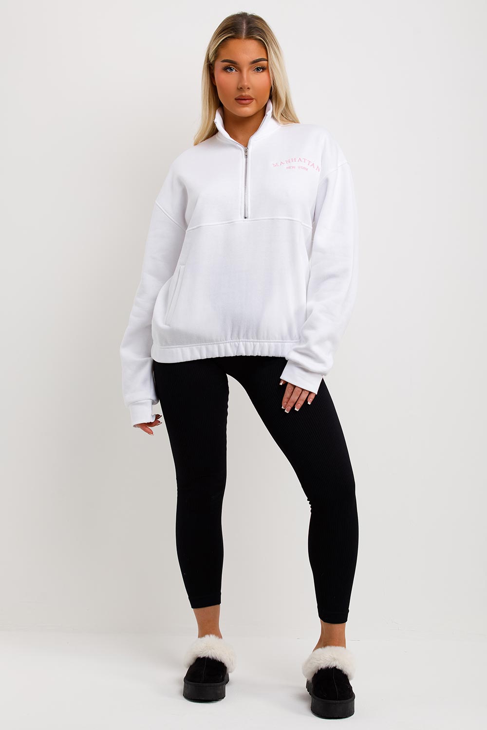 womens white sweatshirt with half zip manhattan new york embroidery