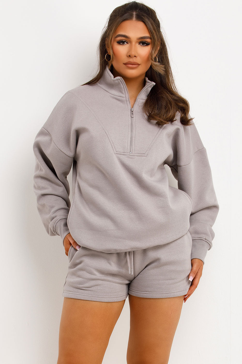womens dove grey half zip sweatshirt and shorts tracksuit set