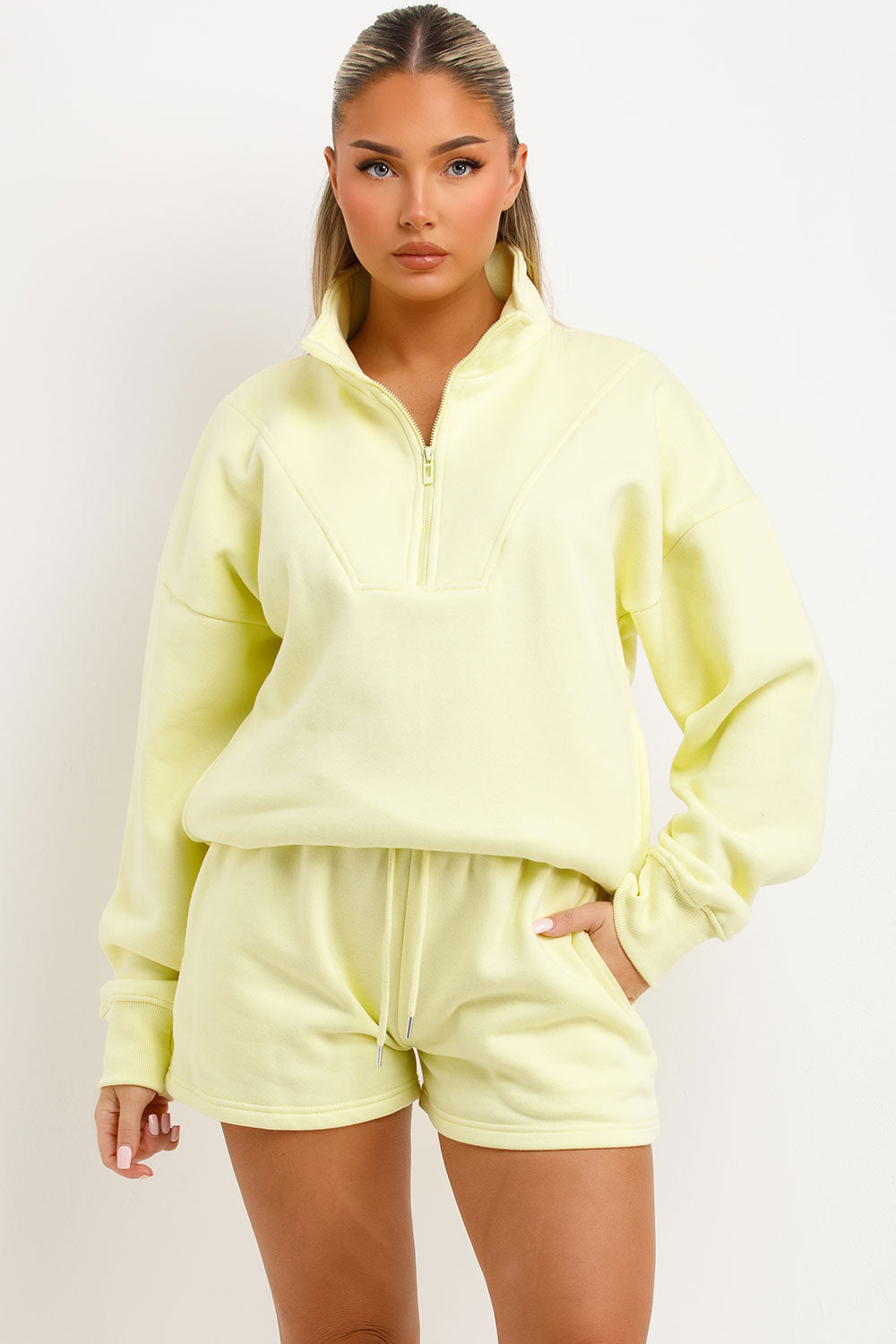 womens shorts and half zip sweatshirt tracksuit set