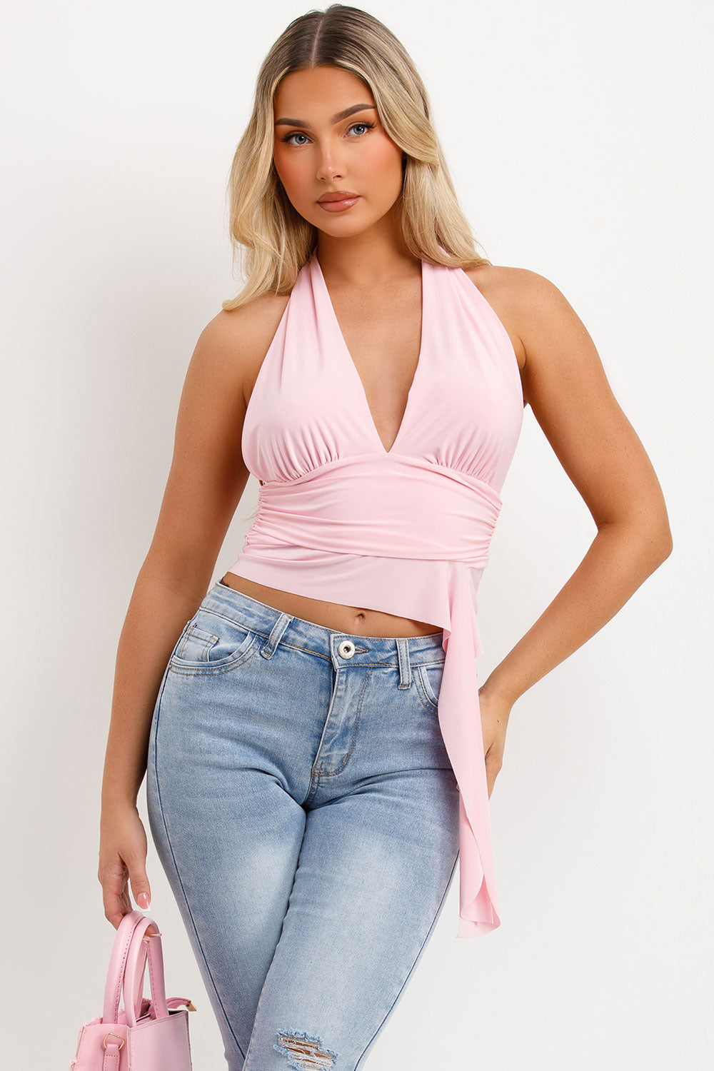 halter neck top with drape detail