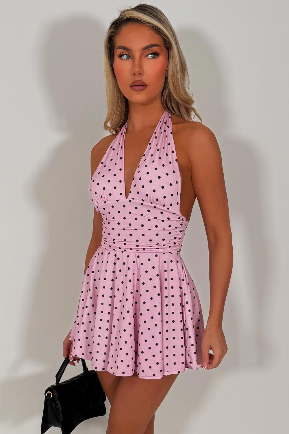 polka dot mini dress halterneck backless going out summer holiday outfit styledup fashion white fox