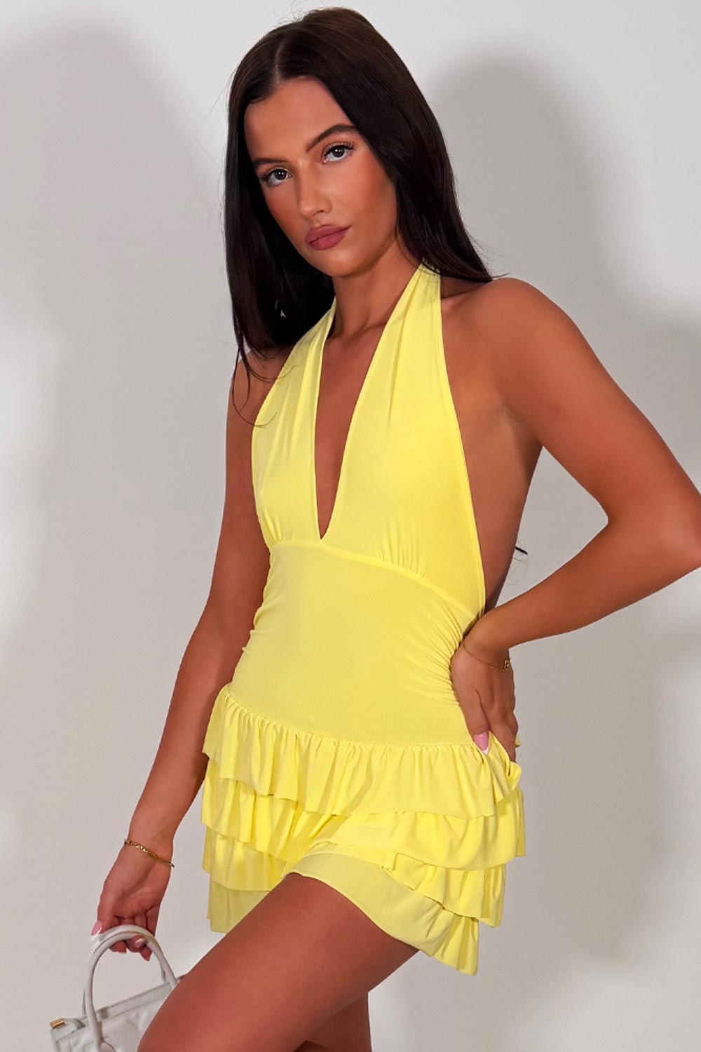 frilly ruffle hem backless mini dress with plunge halterneck going out party outfit styledup white fox uk