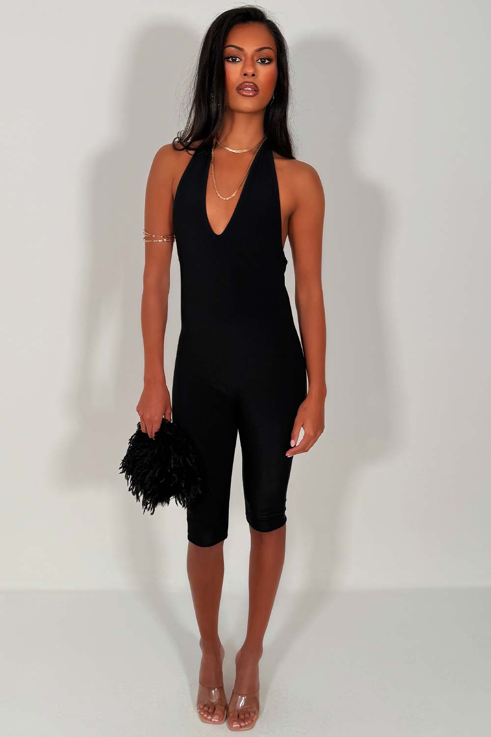 going out backless capri jumpsuit black